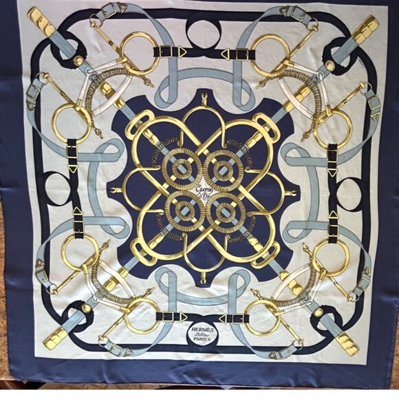 Vintage Hermes Pellier Paris Eperon d' Or Silk Scarf Blues with light Gray - Picture 7 of 16